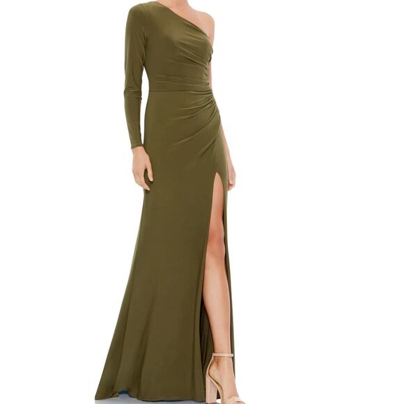IEENA For Mac Duggal NWT Olive Green One Sleeve Jersey Ruched Maxi Gown Dress - Picture 1 of 14